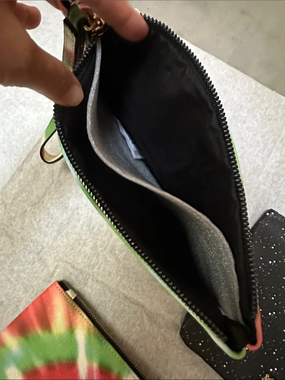 Betsey Johnson Green Red White Tie-Dye Cosmetic Pouch Trio